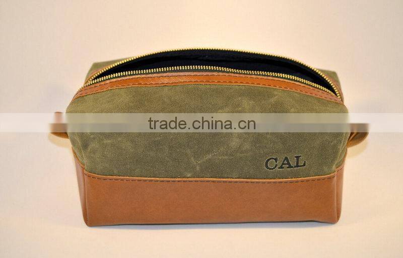 High quality and personalized waxed canvas and leather bag , waxed canvas zipper pouch with leather accents , waxed canvas pouch