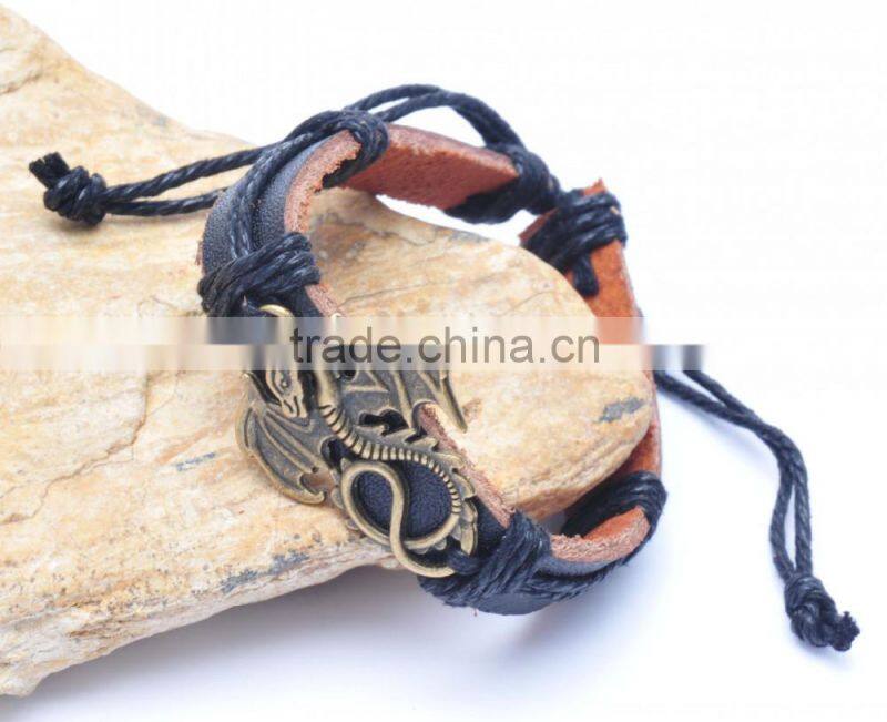 Genuine Leather Bracelet Adjustable with Antique Brass Dragon Accessory.