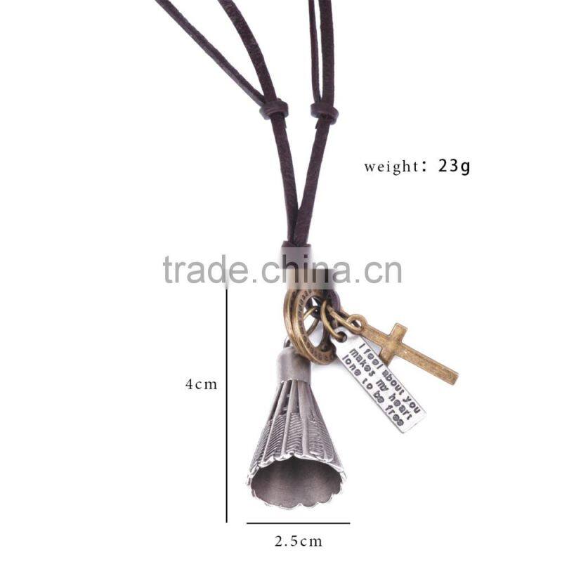 Vintage Genuine Leather Necklace with Antique Sliver Badminton Pendant.
