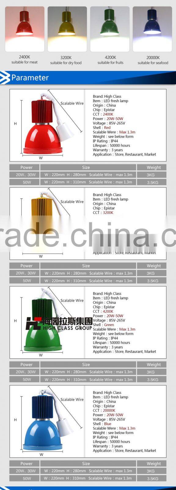 High Class Good Quality 20W 30W 50W LED High Bay Light Fresh Lamp for Dinning Room SupperMarket Fruits Meat Retail Fish Store