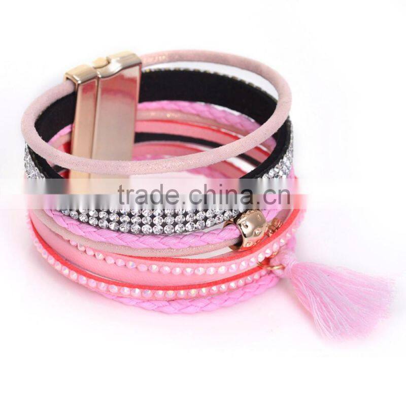 New Tassel Crystal Leather Bangle Fashion Rhinestone Wrap Leather Bracelet Multilayer bangles
