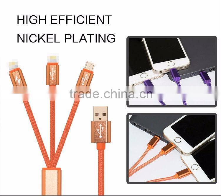 Highend 3 in 1 Mobile Phone cable 100cm micro usb Aluminum Alloy for Android& Iphone 5 cables Nylon Weave charging USB Line