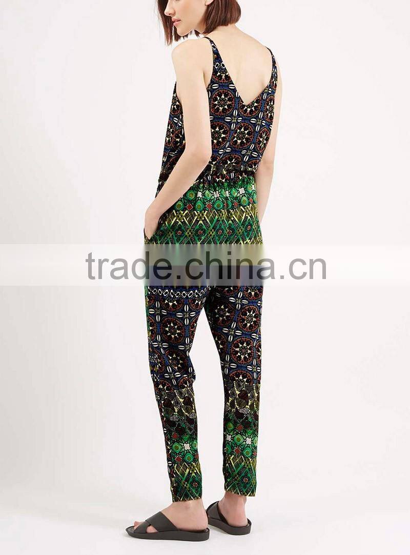 High quality printed spaghetti strap V-neckline long jumpsuit
