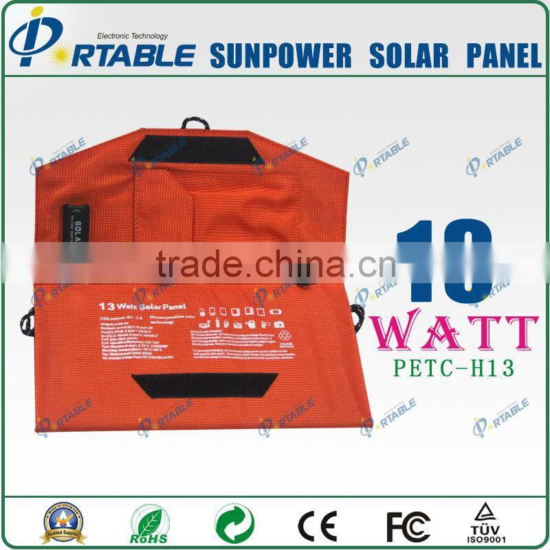 Mini solar mobile charger Sunpower solar model tariff exemption 13W solar folding panel charger (PETC-H13)