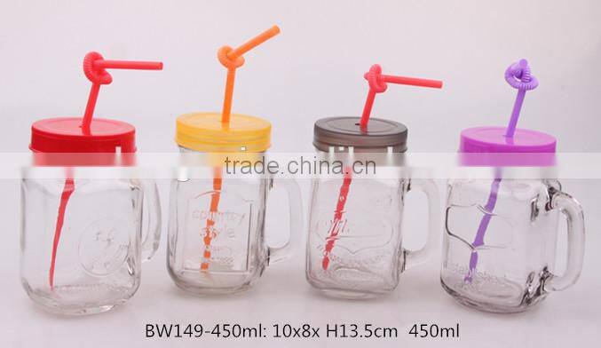 2014 new design mason jar glass jam jar with handle