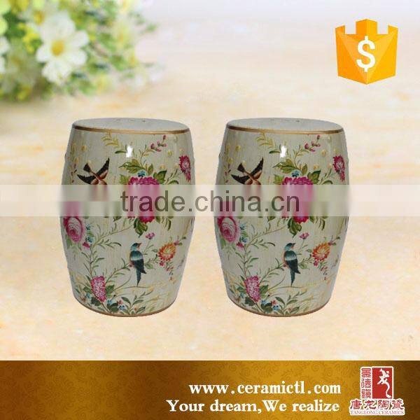 Flower and birds design white ceramic garden stool