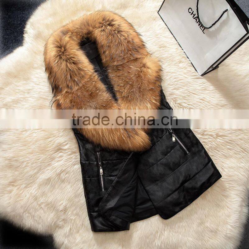 2016 Europe hot sale latest design winter sheep leather with faux fox fur collar vest fashion warm woman vest