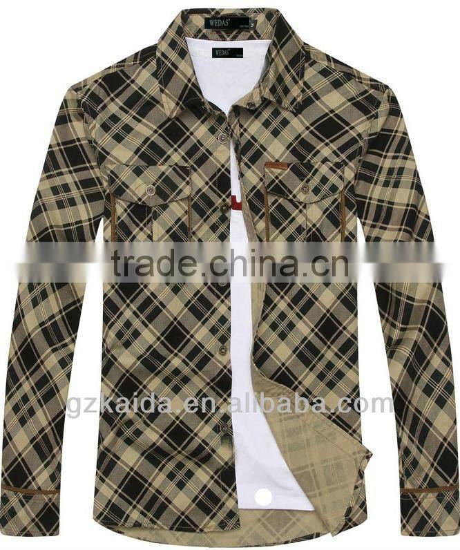 100% Cotton Cloth Men's Long Shirt with Corduroy Color Contrast at Sleeves Mouth