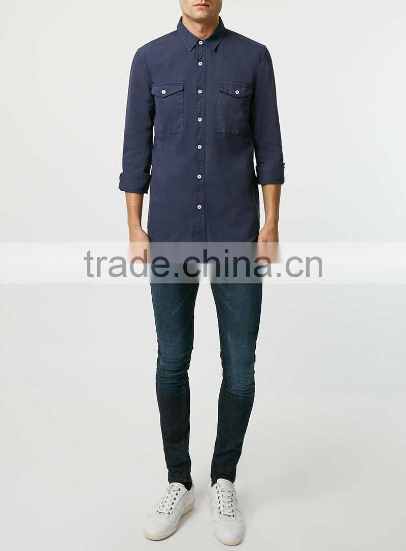 new model Navy blue Double Pocket Twill Long Sleeve Casual Shirt