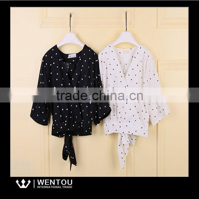 Wholesale Ladies Short Sleeve V Neck Dot Print Blouse