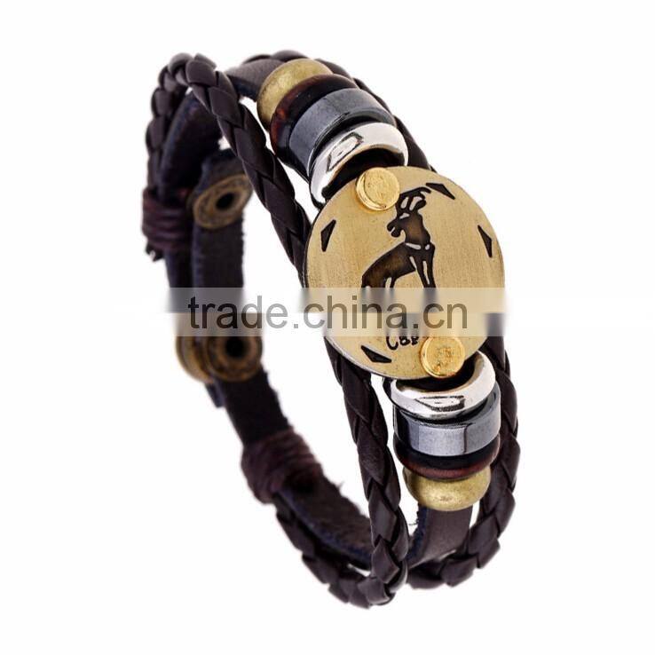 Retro 12 Zodiac Womens Mens Genuine Real Braid Faux Leather Bracelet Bangle Cuff Wristband Handmade Jewlery