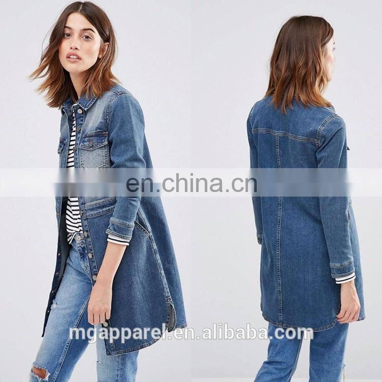 Stretch denim fabric women blue long jean jacket wholesale