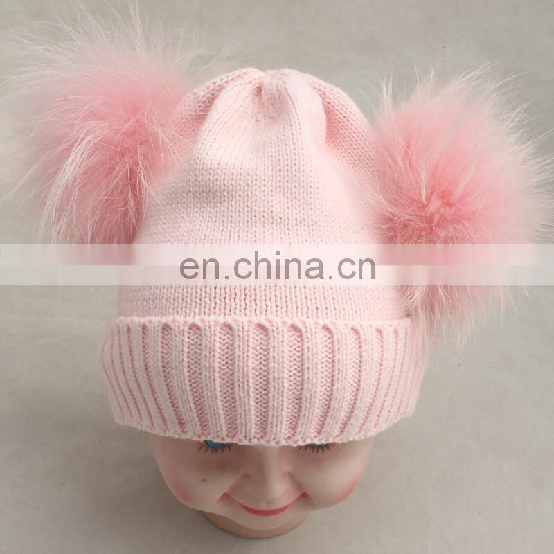 Wholesale Cute Baby Pink Knitted Kids Wool Hats Double Pom Pom Hat