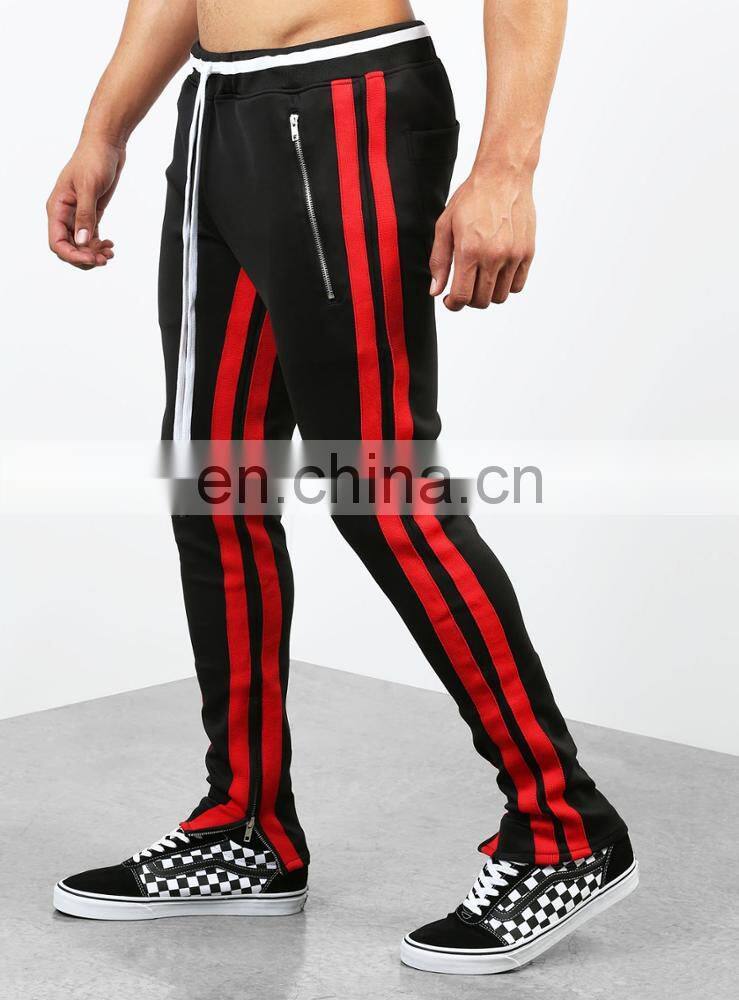 DiZNEW 2019 wholesale high quality usa 2 front zip pockets 2 back pockets men red track jeans pants with stripe