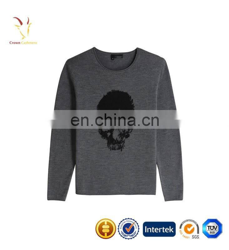 Intarsia Skull Pattern Merino Wool V Neck Mens Fashion Sweater