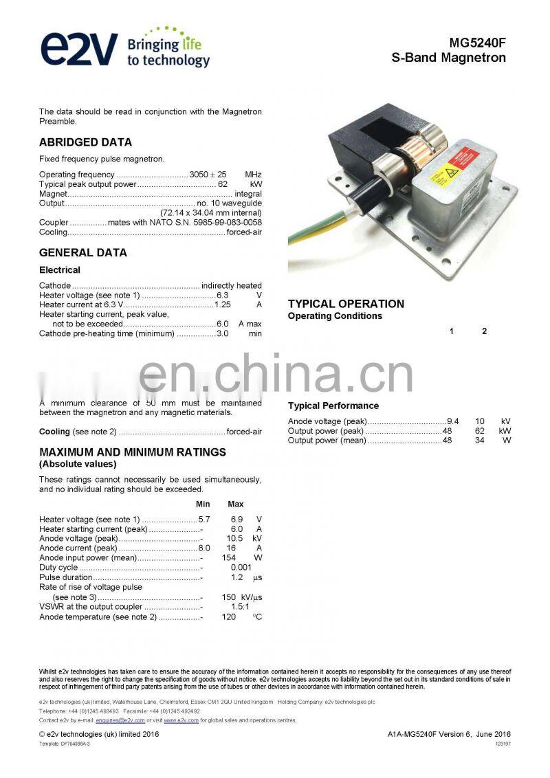 Marine electronics maritime navigation communication Furuno marine radar spare parts UK MG5240F E2V S band magnetron