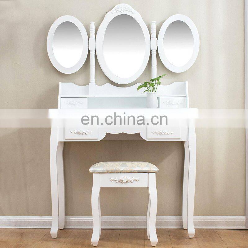 Large White 7-Drawer Vanity Makeup Dressing Table Set with 3 Mirrors and Jacquard Cushioned Stool