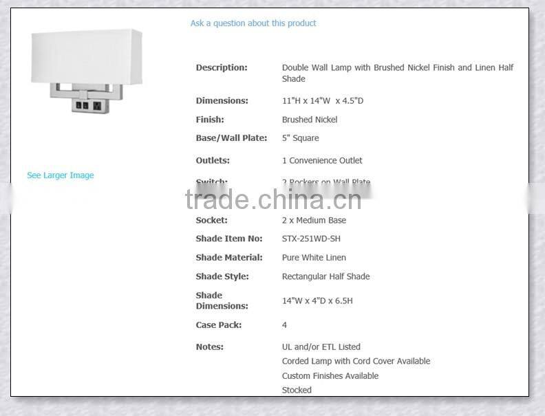 UL Approved Hotel Room double wall lamp with brushed Nickel Finish and Linen half shade