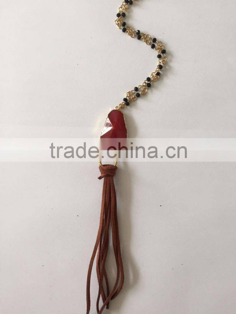 Latest Popular Natural Stone Beads Jeweled Slim Velvet Tassel Necklaces