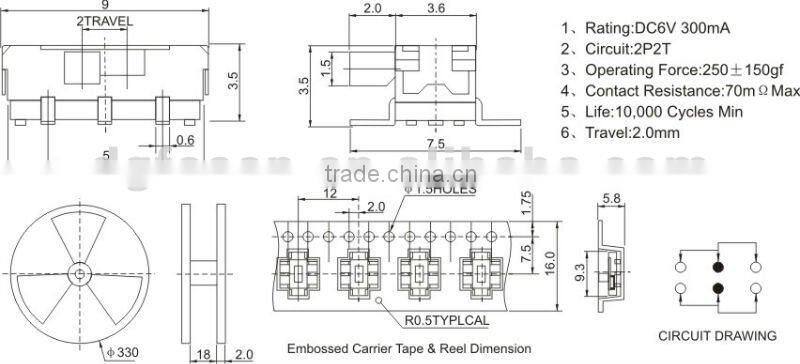 2p2t smd mini slide switch MK-22D02