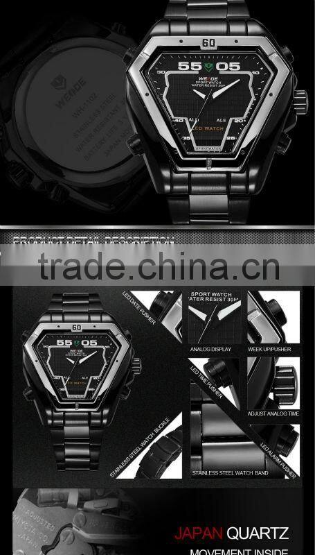 2015 China suppiler stainless steel triangel design black dial LED christmas promotion gift wristwatch(WEIDE-WH1102)