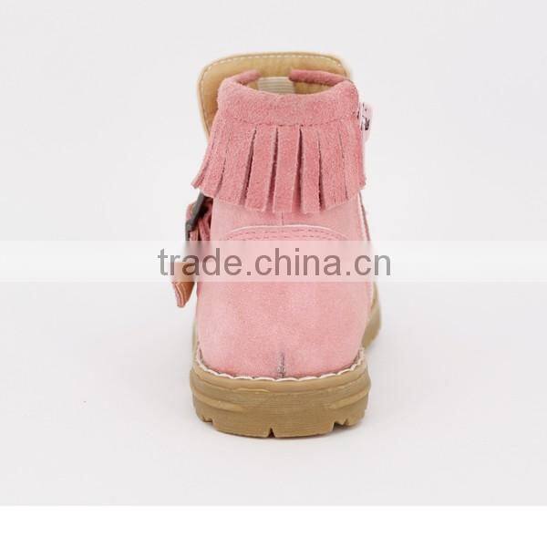 New Design Girls Pink Suede Leather Buckle Strap Boot with Tassel