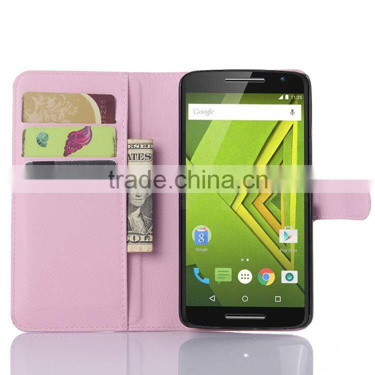2015 New Arrival Stand Wallet Lychee Leather phone case for Motorola Moto X Play