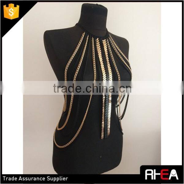Hot Selling American Body Chain,Bib Black and Gold Chain Design Body Chain