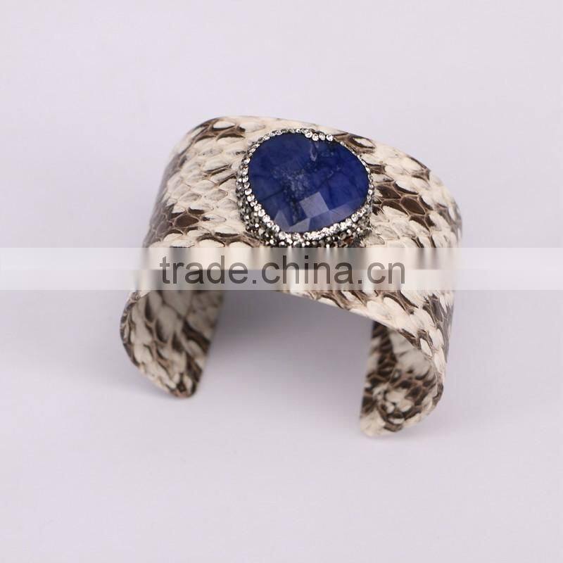 Natural Shell Amazon Agate Bangle Pave Crystal Genuine Leather 40mm Big Bangle Cuff Multi Color Snakeskin Fashion Jewelry