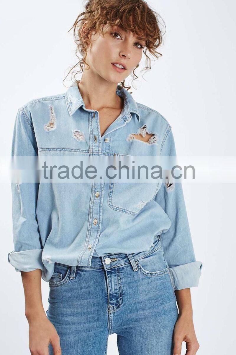 Guangzhou Factory price 2016 Ripped Washed denim shirts wholesale