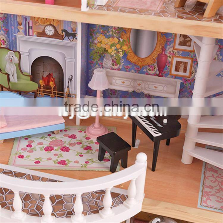 New style girls pretend play miniature wooden dollhouse toy with 16 pieces furniture W06A220