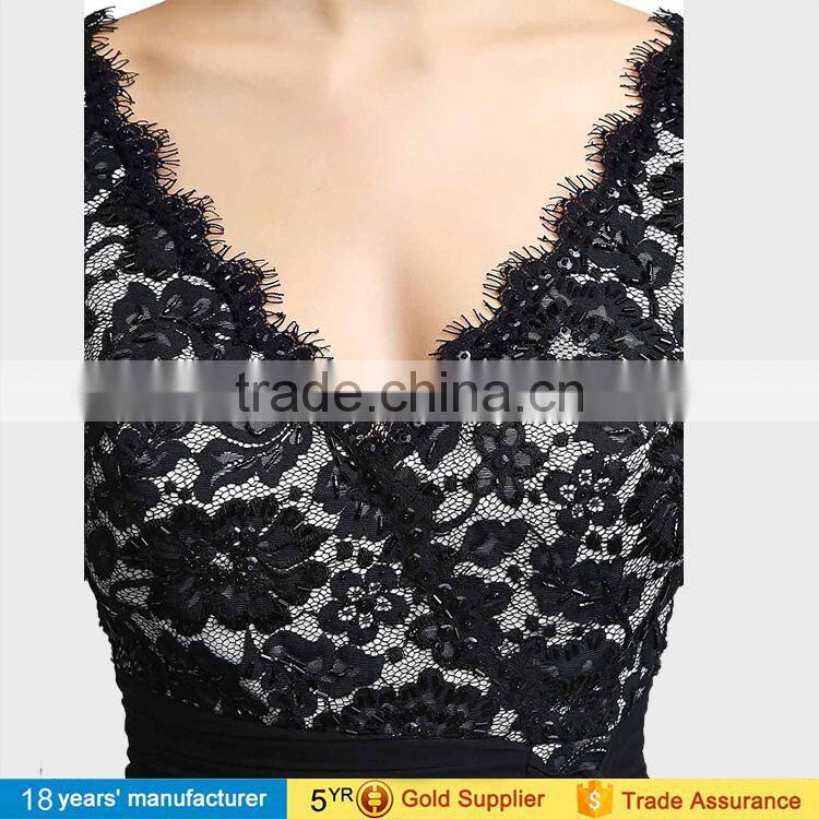 Vintage black wrap embroidery lace knee length casual cocktail party dresses for elegant mature women over 50