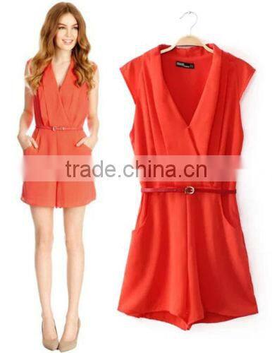 Sexy elegant deep V neck sleeveless red short rompers womens jumpsuit