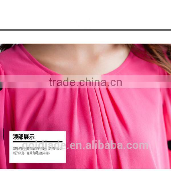 OEM lady sexy loose rose red and black chiffon dot round collar long petal sleeve blouse