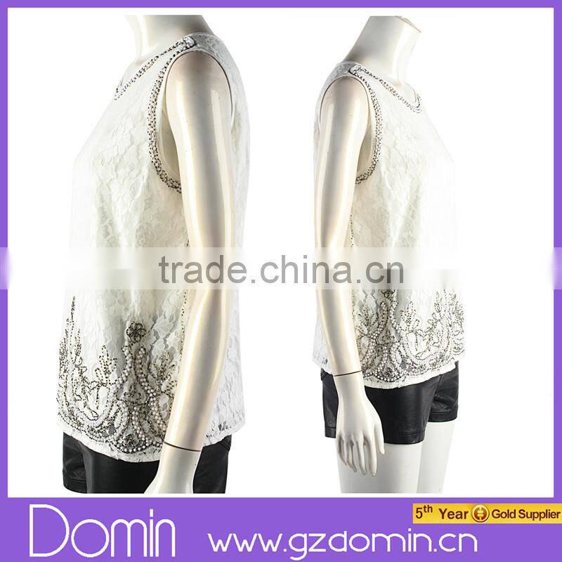 Fashion Beaded Neckline Design Sleeveless Embellished Women Lace Beaded Top