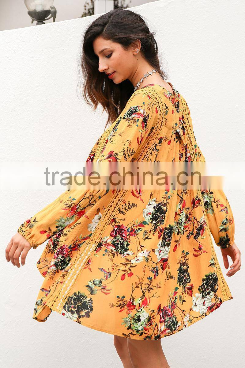 2017 hot sell vintage flower print lace summer boho dress women long lantern sleeve loose short dress women