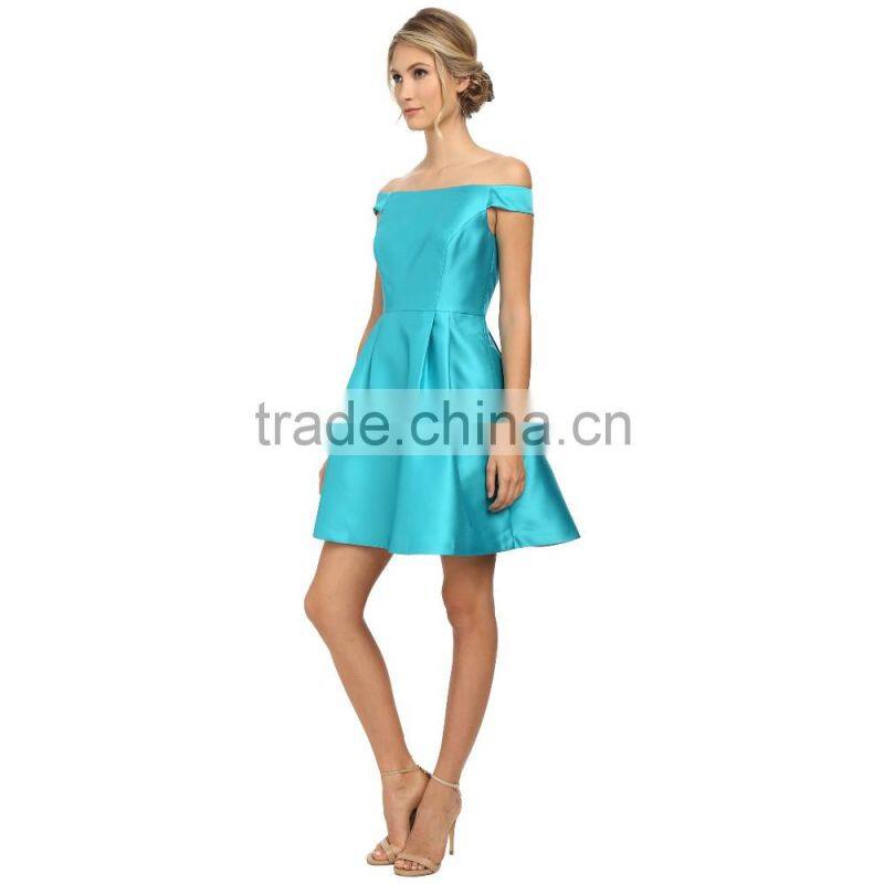 one-line shoulder plain blue short bridesmaid dress with zipper
