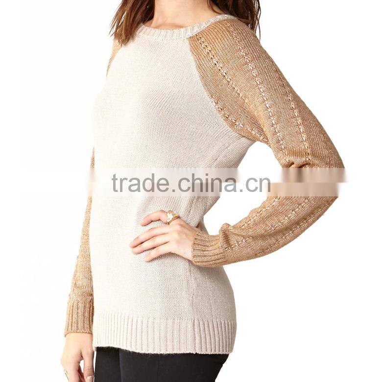 elegant contrast color crew neck raglan sleeve sweaters ladies knit pullover