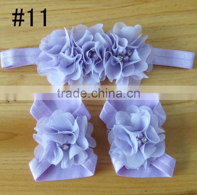 Hot 2014 fashion popular children's hand stitching Chiffon Rhinestone Flower Hair Band foot flower set and baby wrist flower