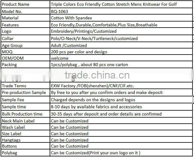 Triple Colors Eco Friendly Cotton Stretch Mens Knitwear For Golf