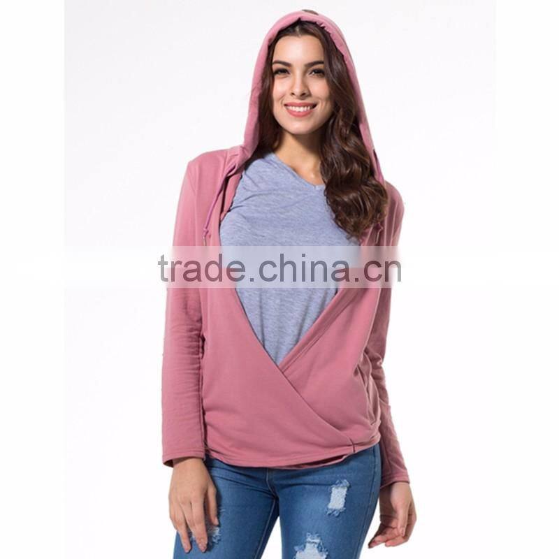 Stylish Street Wear Women Pink Plunge Wrap Front Long Sleeve Hoodie