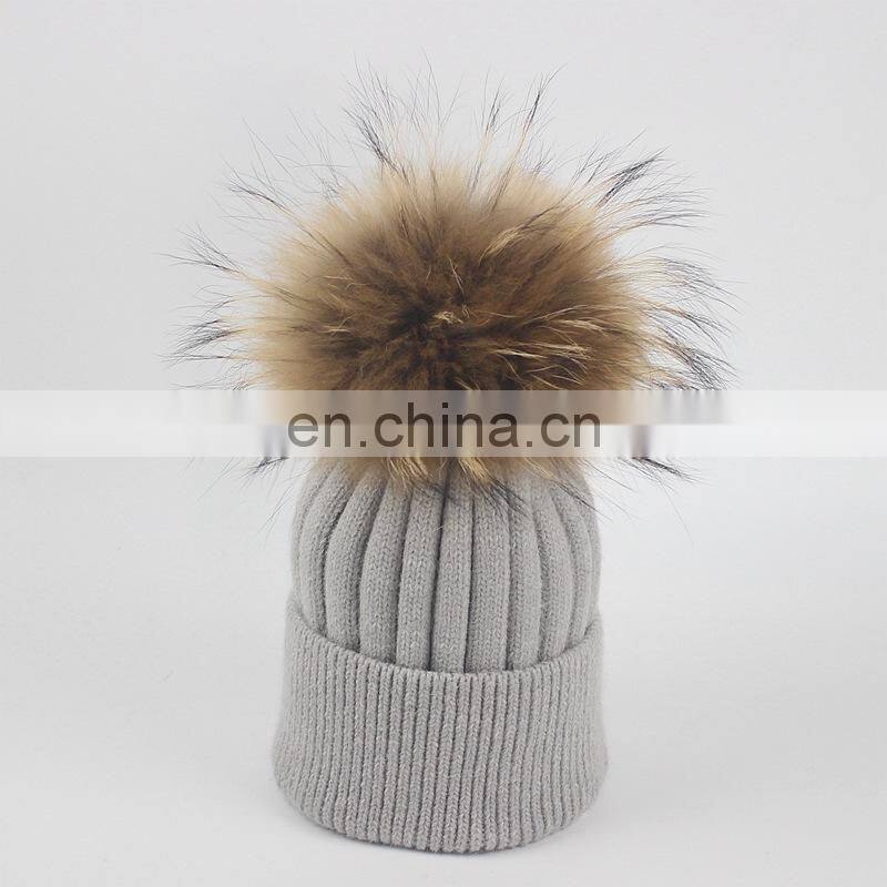 Top Quality Big Fur Pom Pom Kids Hats Raccoon Fur Balls Baby Knitted Hat