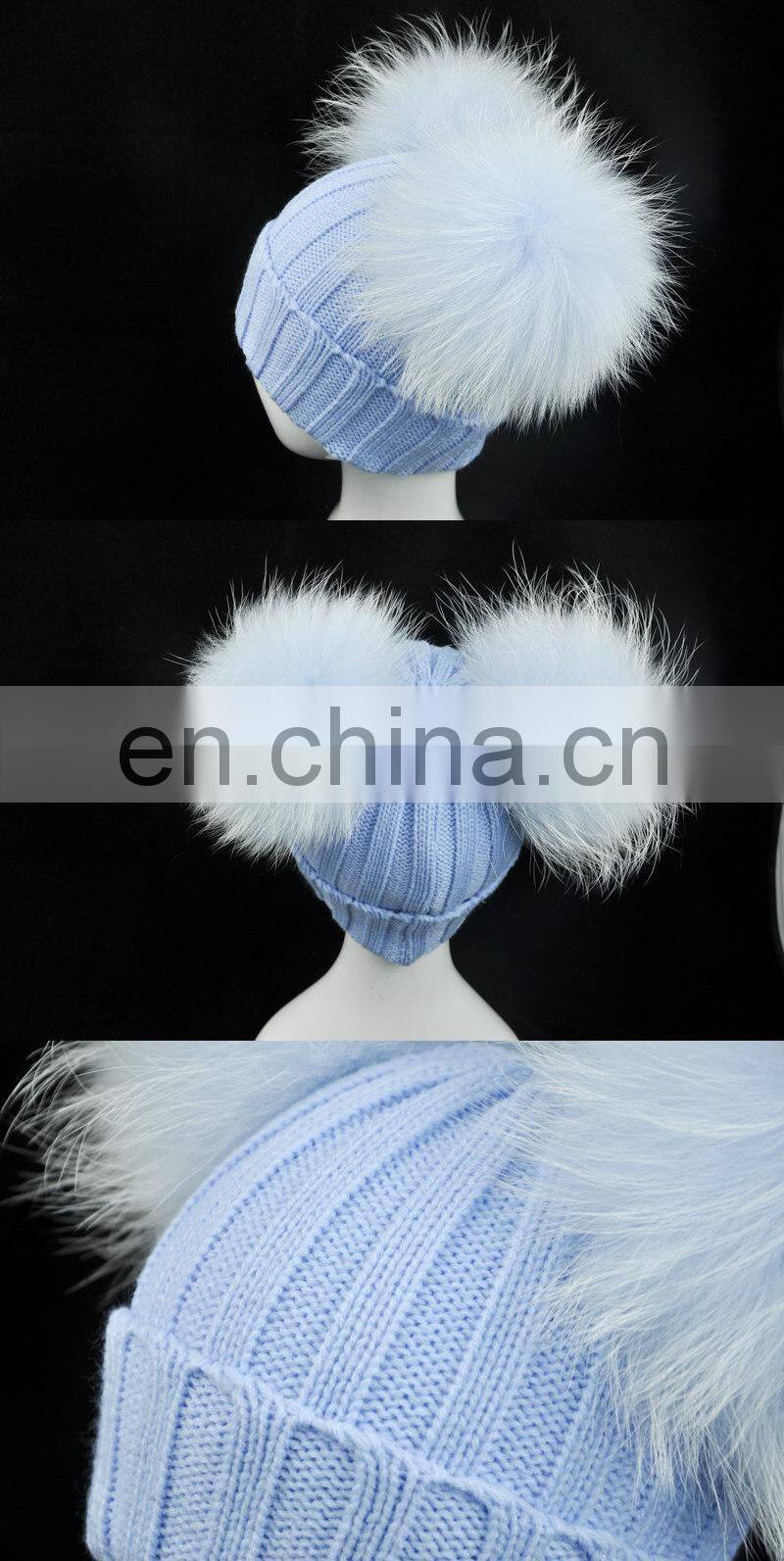 Brand Cute Baby Crochet Hats and Caps with Two Real Raccoon Fur Balls Top Color Matching Hat