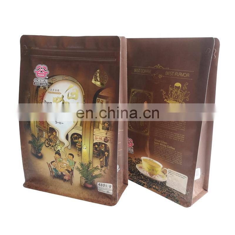 Recyclable stand up block bottom kraft paper packaging custom printed paper coffee zipper pouches for ipoh white coffee