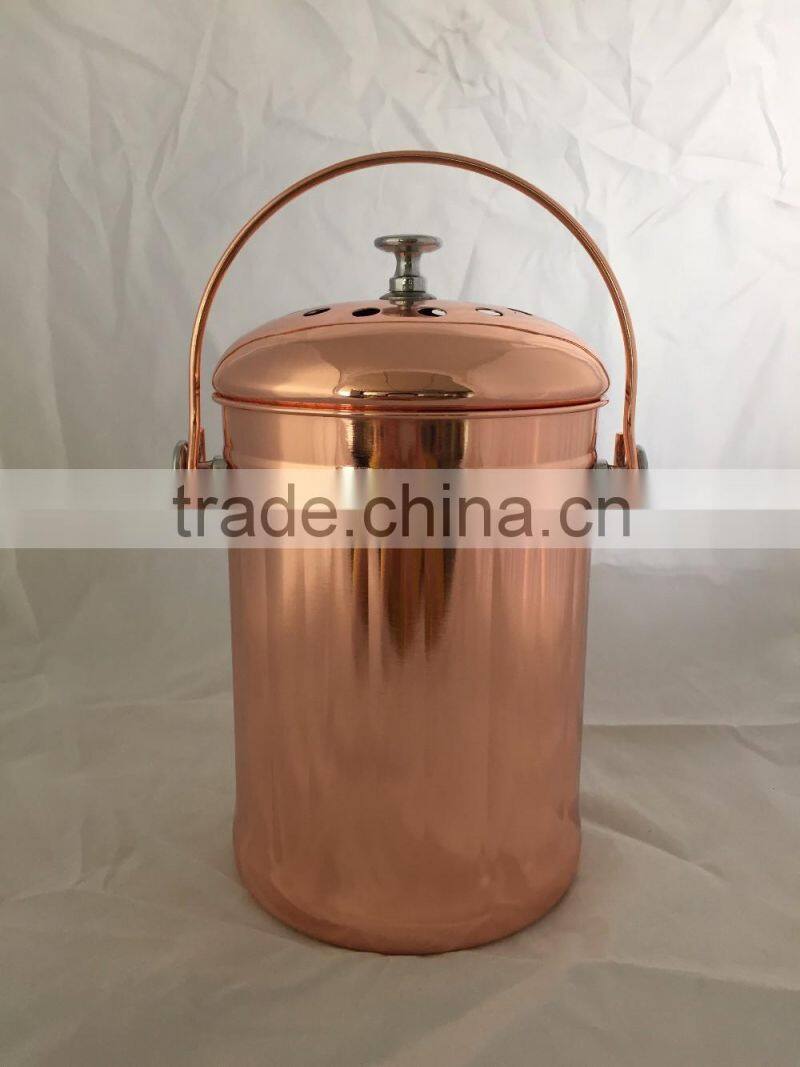 1 gallon copper plated Kitchen Stainless steel compost bin, warm compost pail with lid including two charcoal filter