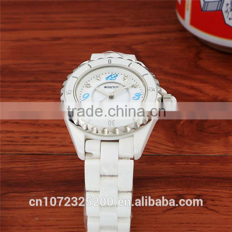 2016 BOSCEN Ladies Fashion White Ceramic Crystal Diamond Watches 3atm Water Resistant