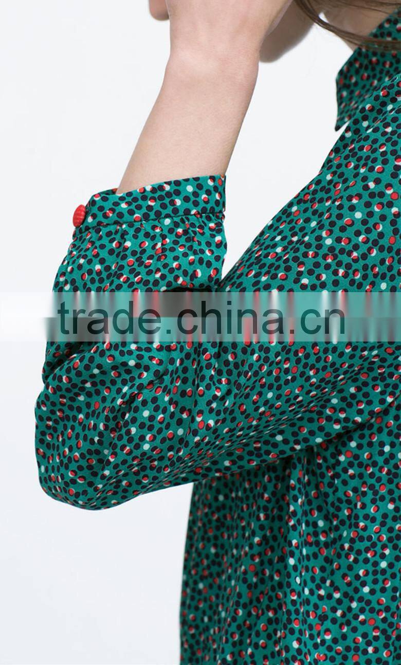 2015 summer long sleeve pleat with zipper front placket print rayon fashion dress - SYK15024