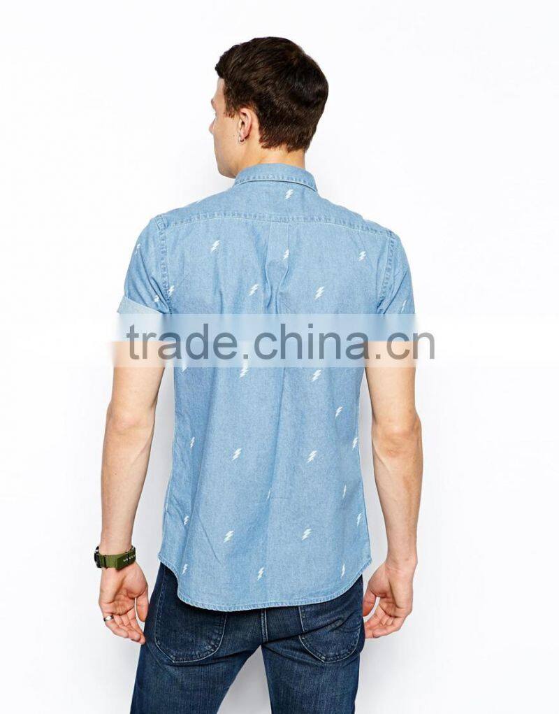 2015 Printed Mens Denim Shirts Short Male Slim Trendy Jeans Clothing (JXW815)