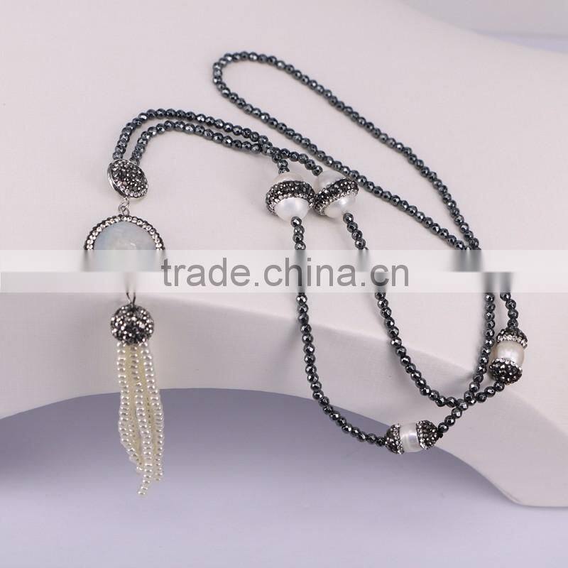 Charm Pearl Gemstone Beads Tassel Necklace, with 3mm Mini Black Hematite Beads Necklace,