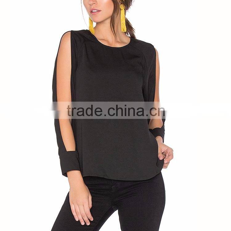 Fashion clothing woman two peices slit sleeve lady black chiffon blouse